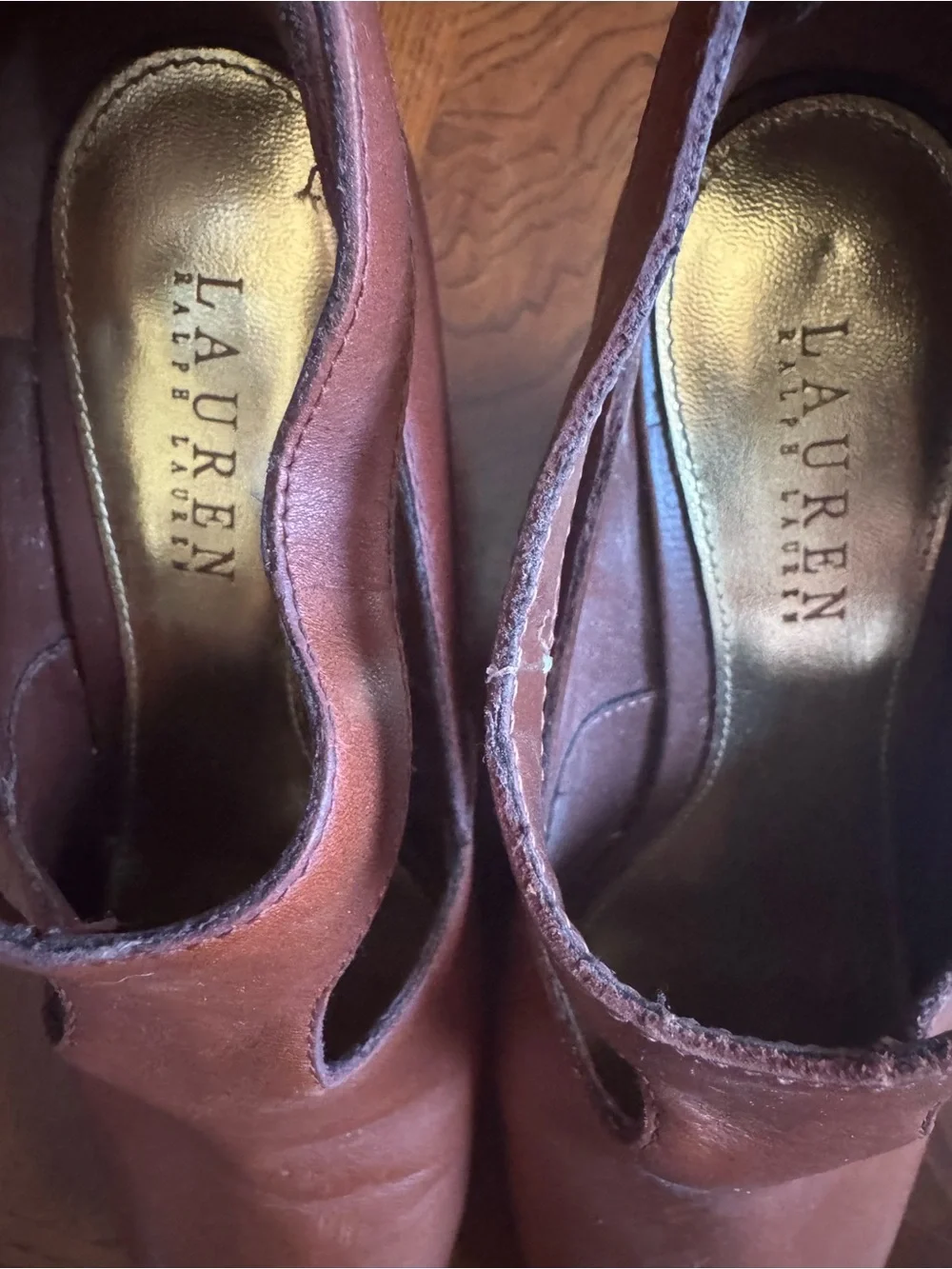 Ralph Lauren Cognac Cutout Wedge Peep Toe Sandals with Ankle Buckle